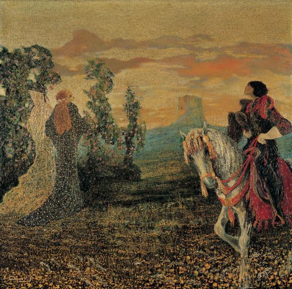 Fausto Agnelli, Cavaliere e fate, [1910-1915], olio su tela, 97.5 x 100.2 cm, Museo Civico Villa dei Cedri, Bellinzona, donazione Amici di Villa dei Cedri 1996 