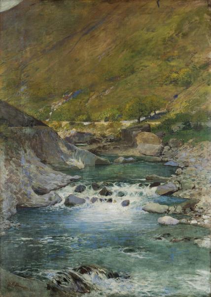 Filippo Franzoni, (Locarno, 1857 – Mendrisio, 1911), Torrente, undatiert, Öl auf Leinwand, 120 × 86 cm, Sammlung Alexandre Boussat Bolla
