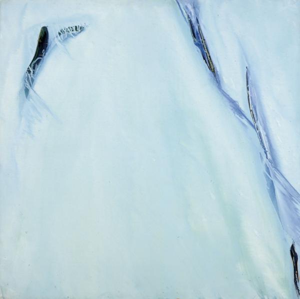 Olivier Debré (Paris 1920), Bleu léger de Chine, montagne Hong-Kong University, 1990, olio su tela, 100x100 cm, Courtesy Galerie Louis Carré & Cie, Parigi