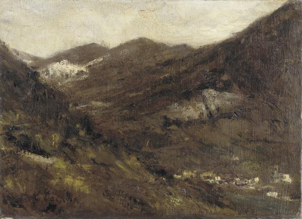 Cesare Tallone, Paesaggio con cittadina, 1890-1899, olio su tela, collezione privata