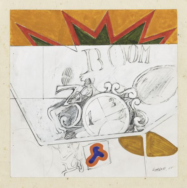Boom, 1965, tecnica mista su carta applicata su tela, 16.8 x 16.8 cm, donazione dell’artista 2015, foto Roberto Pellegrini, © Museo Villa dei Cedri, Bellinzona
