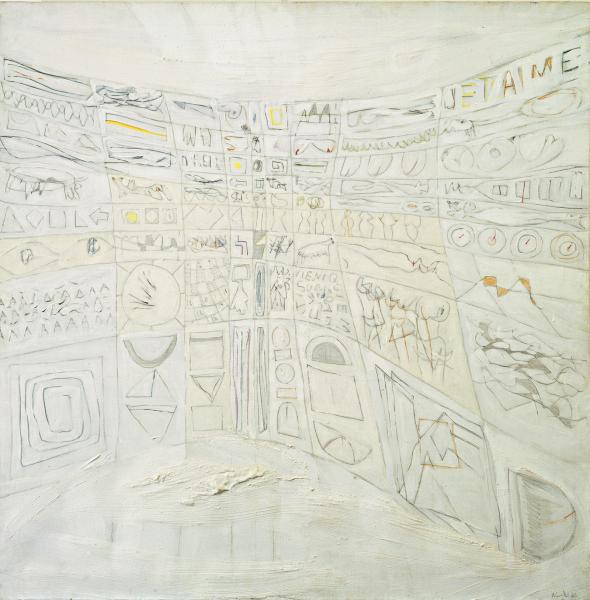 Gastone Novelli (Vienna 1925 - Milano 1968), Il letto della terra, 1962, olio su tela, 135 x 135 cm, collezione privata