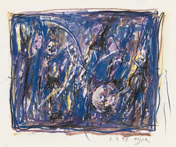 Wilfried Moser, La comédie humaine, 1997, pennarello e pastelli ad olio su carta
300 x 349 mm, Museo Civico Villa dei Cedri, Bellinzona, acquisizione 2014 
