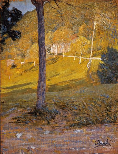 Edoardo Berta (Giubiasco 1867 -  Lugano 1931)
Effetto d'autunno, 1905, olio e tempera su tavola, 
28.5 x 22 cm
Museo Civico Villa dei Cedri, Bellinzona, deposito della Confederazione Svizzera 1990
© Museo Civico Villa dei Cedri, Bellinzona


