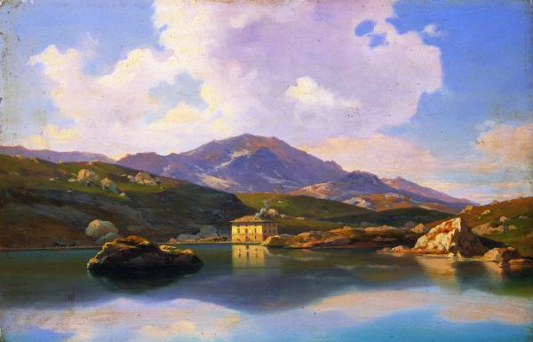 Federico Ashton (Milan 1840 – Col du Simplon 1904) /
Ospizio del passo di San Bernardino, [1870] /
Olio su legno, 28.5 x 43 cm /
Museo Villa dei Cedri, Bellinzona / Donazione Athos et Dina Moretti 1987 /
© Museo Villa dei Cedri, Bellinzona
