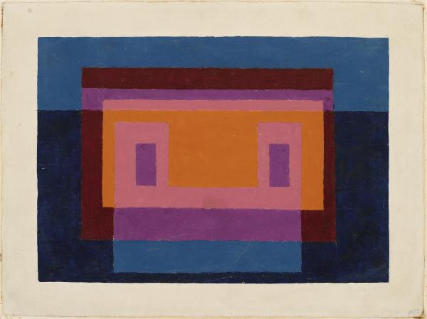 Josef Albers, 4 Central Warm Colors Surrounded by 2 Blues, 1947, olio su carta assorbente montata su pannello in legno, 25.4 x 34.3 cm, The Josef and Anni Albers Foundation, 1976.2.1170, © 2019 The Josef and Anni Albers Foundation/Artists Rights Society (ARS), New York/ProLitteris, Zurich, foto: Tim Nighswander/Imaging4Art
