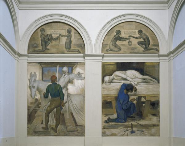 Pietro Chiesa, I maestri comacini, 1936-1937, dipinto murale Palazzo civico di Lugano, 3.5 x 1.6 m ciascuno, Collezione Città di Lugano, Archivio fotografico del Dicastero attività Culturali Città di Lugano
