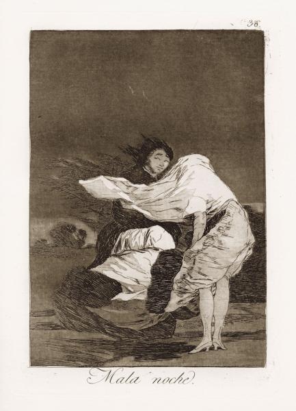 Francisco Goya (Fuendetodos, Saragozza 1746 - Bordeaux 1828), Mala Noche (Brutta notte), Foglio n. 36 da “Los Caprichos”, 1796-1799, acquaforte, acquatinta e brunitoio, Musée Jenisch Vevey, Cabinet cantonal des estampes,
dépôt de la Fondation William Cuendet & Atelier de Saint-Prex 


