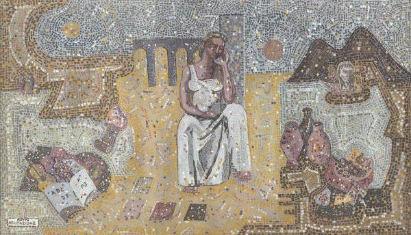 Pietro Salati, Bozzetto motto “Meditazione” per il mosaico in pietra “Candidezza”, Biblioteca cantonale di Lugano, guazzo su carta applicata su cartone, 41 x 71 cm, Collezione privata © Foto: Claudio Berger, Minusio
